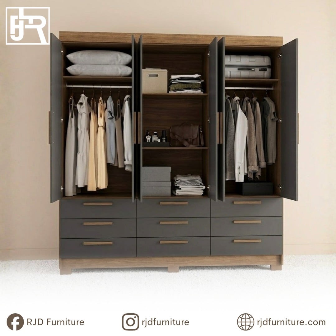 Dylan Wardrobe | Modern 6-Door Storage Cabinet in Jatoba & Graphite