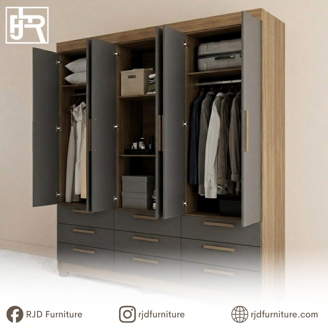 Dylan Wardrobe | Modern 6-Door Storage Cabinet in Jatoba & Graphite