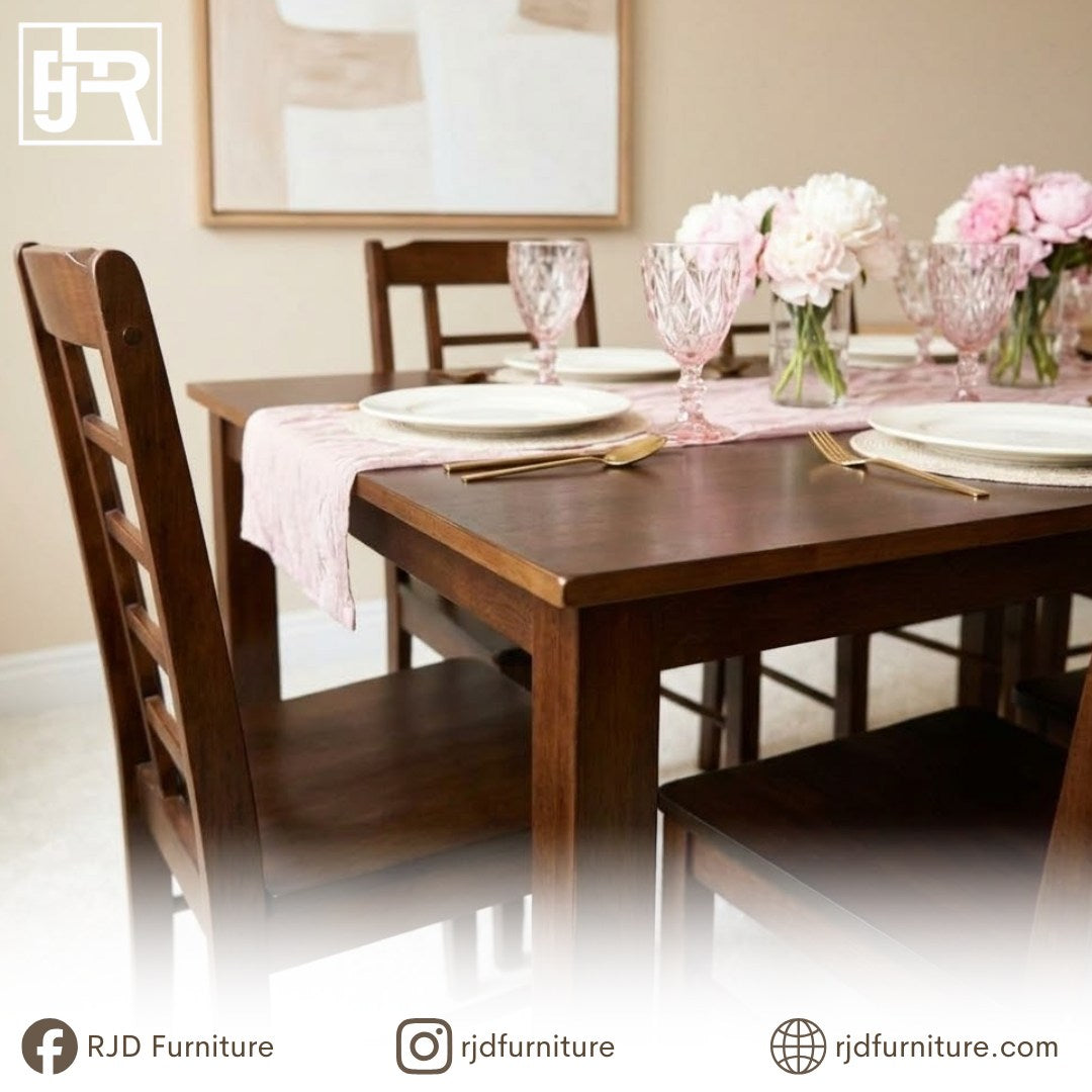 LILLIAN 6-Seater Dining Set | Solid Mahogany Wood Dining Set with Timeless Natural Finish