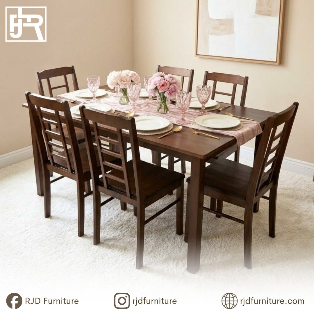 LILLIAN 6-Seater Dining Set | Solid Mahogany Wood Dining Set with Timeless Natural Finish