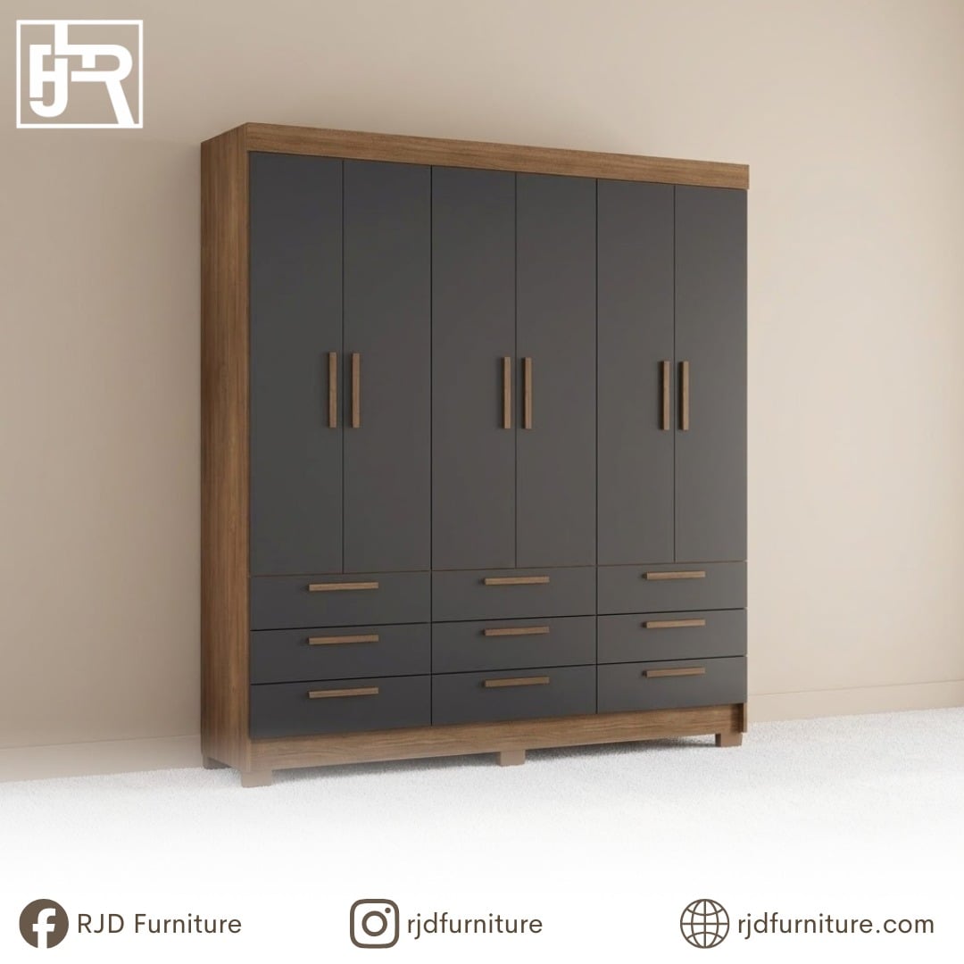 Dylan Wardrobe | Modern 6-Door Storage Cabinet in Jatoba & Graphite