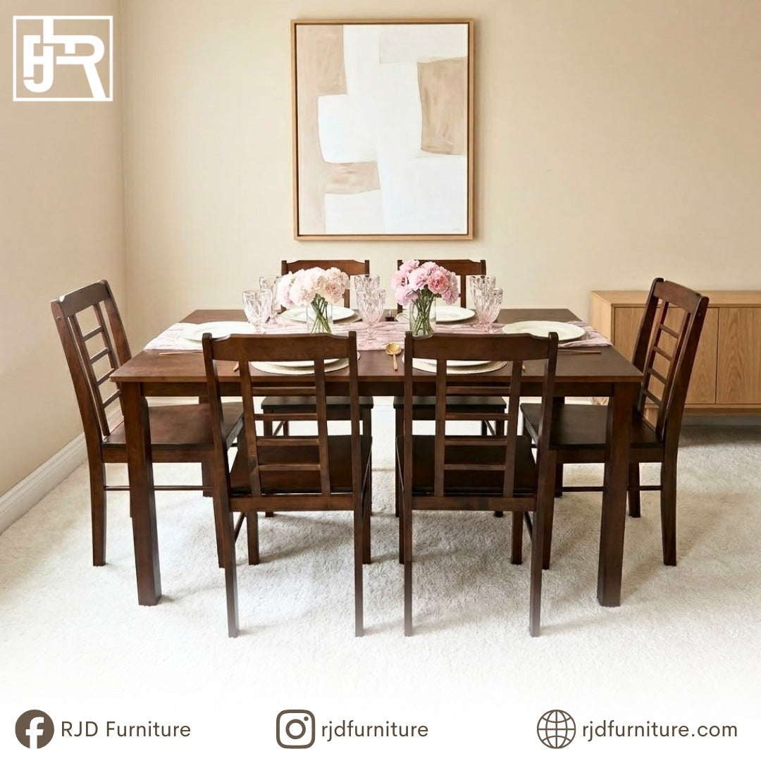 LILLIAN 6-Seater Dining Set | Solid Mahogany Wood Dining Set with Timeless Natural Finish