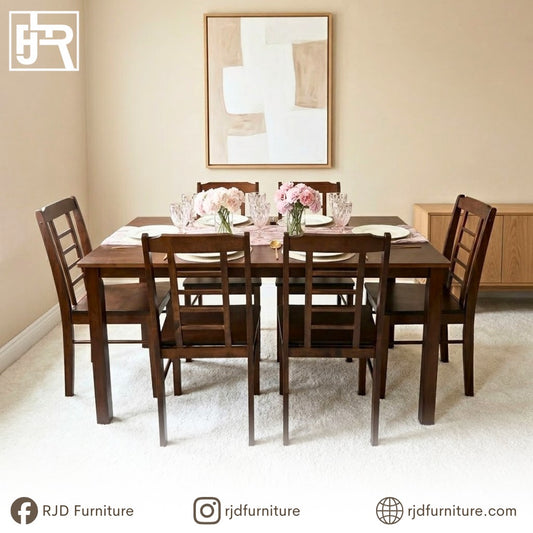 LILLIAN 6-Seater Dining Set | Solid Mahogany Wood Dining Set with Timeless Natural Finish