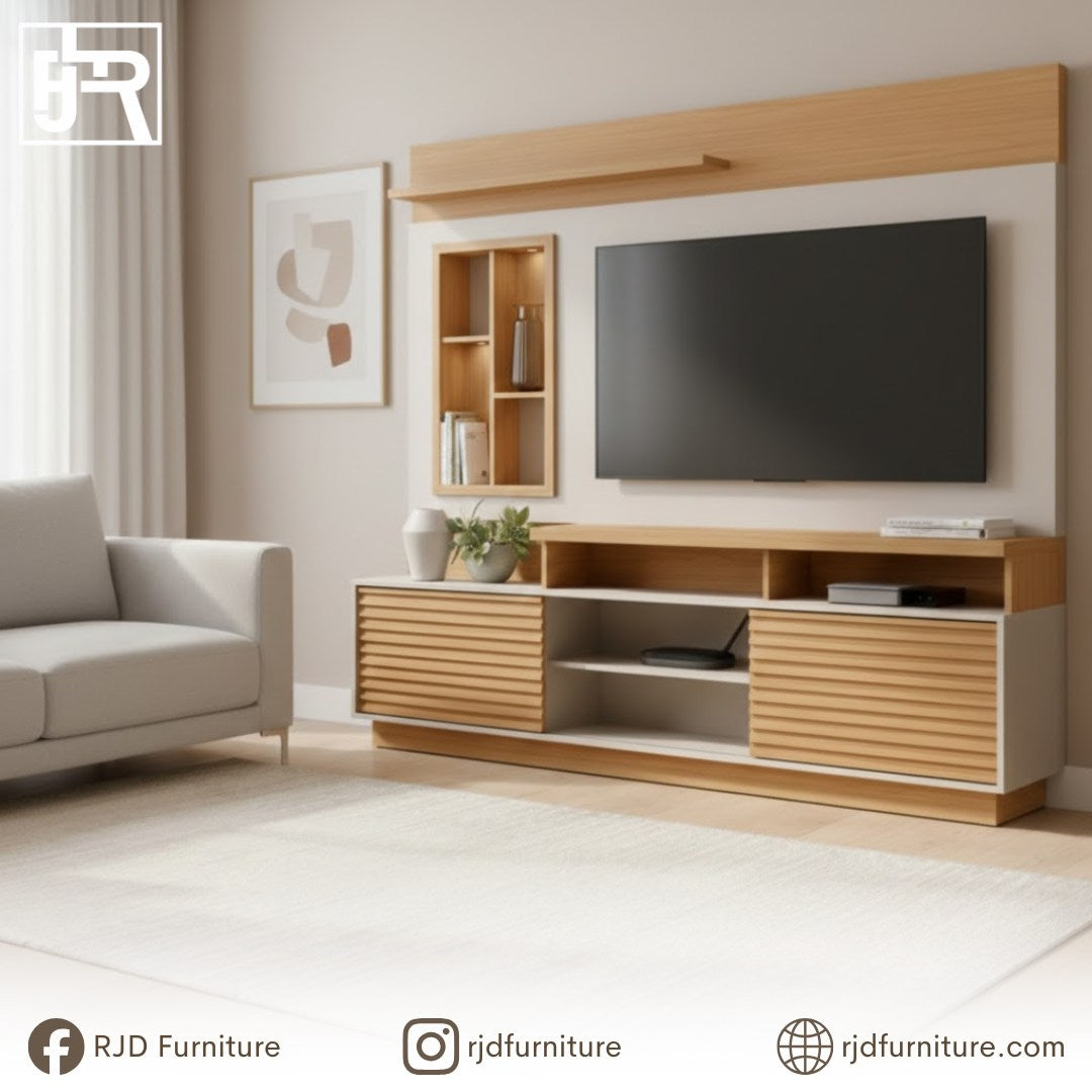 Evo TV Rack Entertainment Cabinet | TV Stand with Sliding Doors, Mirrored Niches and LED Lights